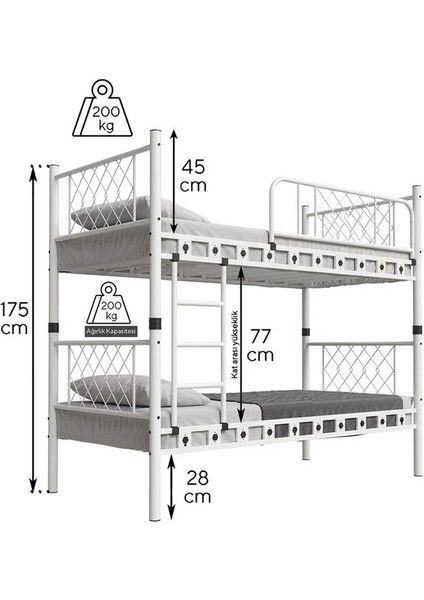 Argimo Avangard Genç Çocuk Odası Ahşap Başlıklı Metal Ranza ve Karyola 90 x 200 Beyaz indirimleri