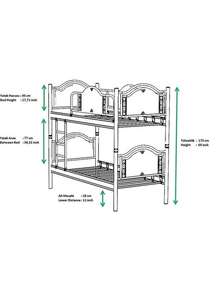 Argimo Avangard Genç Çocuk Odası Ahşap Başlıklı Metal Ranza ve Karyola 90 x 200 Beyaz