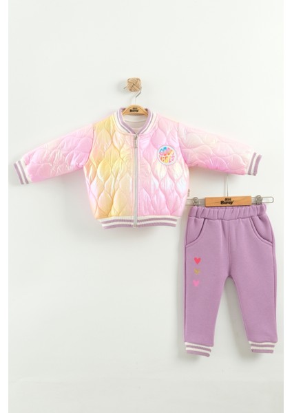 Kız Bebek Baskılı 3'lü Eşofman Takımı (Sweatshirt, Pantolon, Ceket) (9-12-18 Ay)