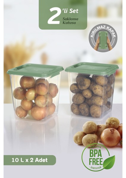 2'li Mega Box 10 L Patates Soğan Saklama Kutusu Kilit Kapaklı Çok Amaçlı Sebzelik Saklama Kabı Mint