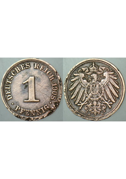Almanya 1 Pfennig 1908 A= Berlin Darbı.