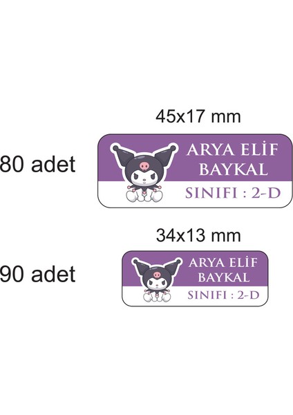 Kuromi Temalı Okul Etiketi Isme Özel 170 Adet (90 Adet 34X13 Mm, 80 Adet 45X17 Mm) fiyatları