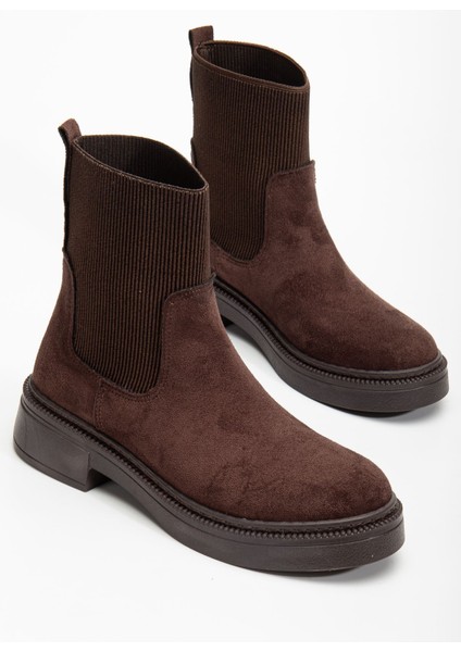 Kadın Kalın Taban Kahverengi Süet Elastik Yan Bantlı Günlük Bot