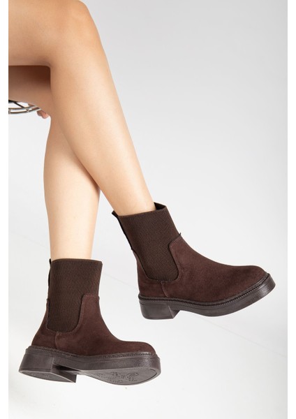 Kadın Kalın Taban Kahverengi Süet Elastik Yan Bantlı Günlük Bot fırsatları
