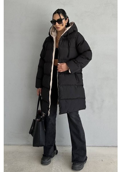 Oversize Çift Taraflı Uzun Şişme Mont L-Siyah & Bej
