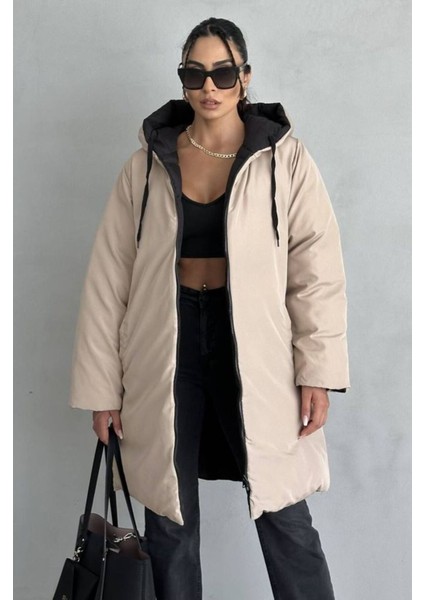 Oversize Çift Taraflı Uzun Şişme Mont L-Siyah & Bej fiyatları