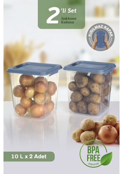 2'li Mega Box 10 Lt Patates Soğan Saklama Kutusu - Kilit Kapaklı Çok Amaçlı Sebzelik Saklama Kabı