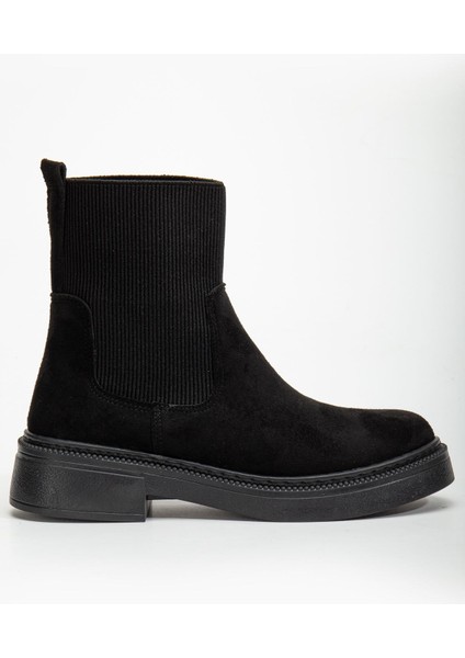 Kadın Kalın Taban Siyah Süet Elastik Yan Bantlı Günlük Bot