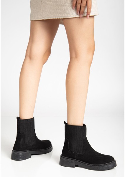 Kadın Kalın Taban Siyah Süet Elastik Yan Bantlı Günlük Bot fırsatları