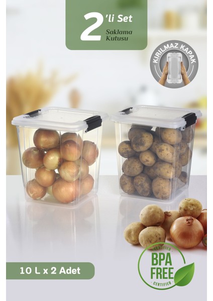 2'li Mega Box 10 L Patates Soğan Saklama Kutusu Kilit Kapak Çok Amaçlı Sebzelik Saklama Kabı Şeffaf