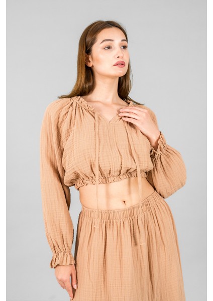 Müslin Kadın Reglan Kol Crop