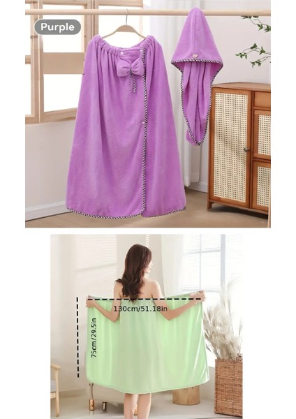 2 Parça Mor Banyo Bornoz Havlu Seti Havlu Etek %100 Polyester, Yumuşak Hızlı Kuruyan, Süper Emici Çıtçıtlı Banyo Robası