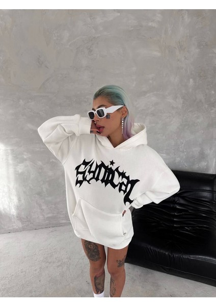 Unisex Üç Iplik Kapşonlu Baskılı Sweatshirt - Beyaz
