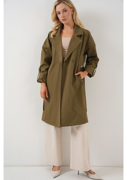 Kadın BDART Desenli Polyester Trençkot, Şal Yaka Haki Yeşil