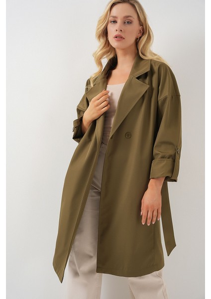 Kadın BDART Desenli Polyester Trençkot, Şal Yaka Haki Yeşil