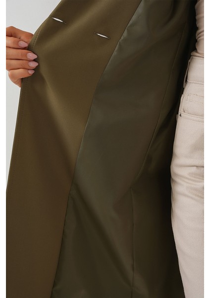 Kadın BDART Desenli Polyester Trençkot, Şal Yaka Haki Yeşil