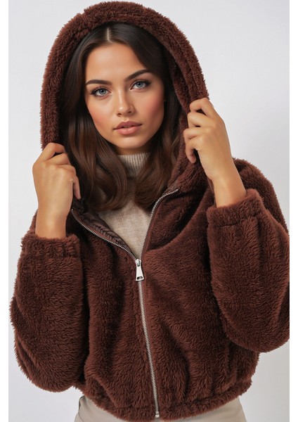 Kadın BDART Sahte Kürk Leopar Desenli Kapşonlu Crop Hoodie Kahverengi indirimleri