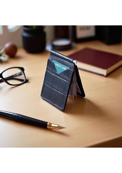 Siyah Erkek Cüzdan Para Klipsli Hakiki Deri İnce Pratik Kartlık Cüzdan Desenli