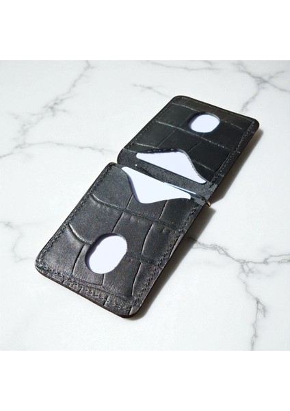 Siyah Erkek Cüzdan Para Klipsli Hakiki Deri İnce Pratik Kartlık Cüzdan Desenli