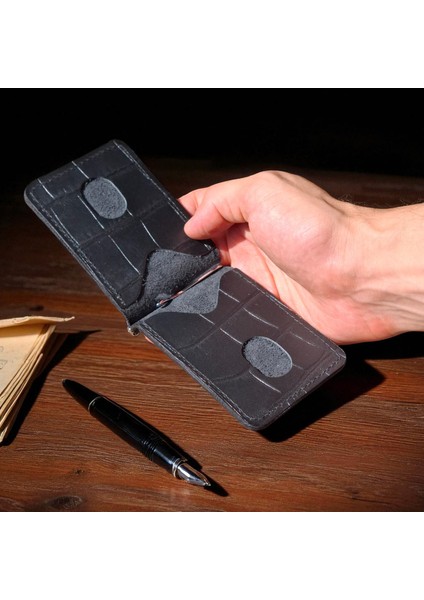 Siyah Erkek Cüzdan Para Klipsli Hakiki Deri İnce Pratik Kartlık Cüzdan Desenli