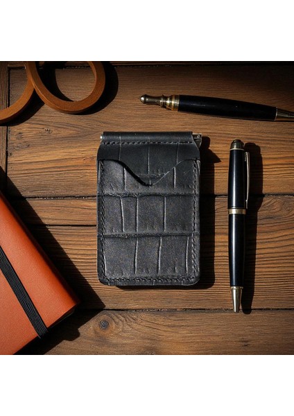 Siyah Erkek Cüzdan Para Klipsli Hakiki Deri İnce Pratik Kartlık Cüzdan Desenli