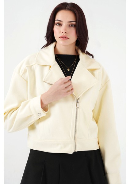 Kadın BDART Kısa Gabardin Ceket, Boxy Klasik Natural