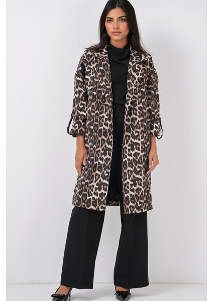 Kadın Bdart Desenli Polyester Trençkot, Şal Yaka Mocha Kahvesi