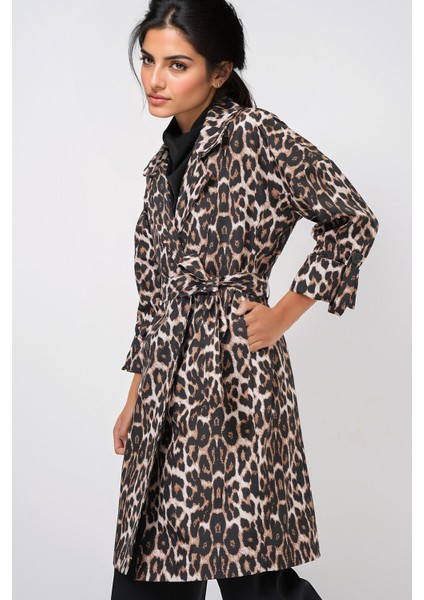 Kadın Bdart Desenli Polyester Trençkot, Şal Yaka Mocha Kahvesi