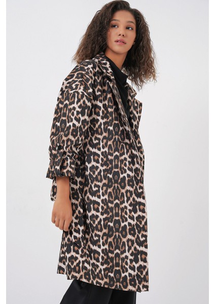 Kadın Bdart Desenli Polyester Trençkot, Şal Yaka Mocha Kahvesi