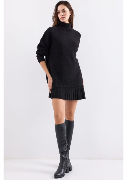 Kadın BDART Dokulu Oversize Yüksek Yaka Örme Takım Siyah