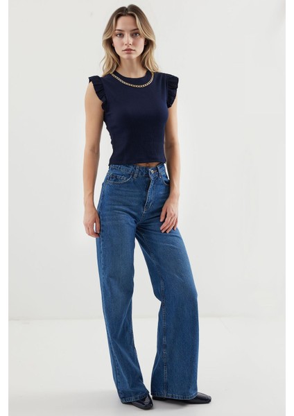 Kadın BDART Nakışlı Dokulu Yuvarlak Yakalı Bluz Lacivert