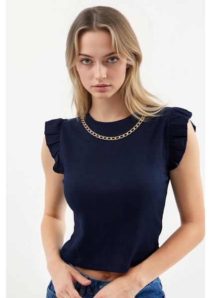 Kadın BDART Nakışlı Dokulu Yuvarlak Yakalı Bluz Lacivert