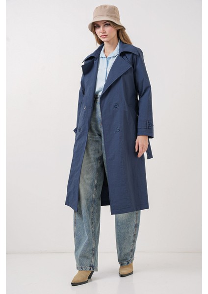 Kadın BDART Cepli Çift Düğmeli Uzun Trençkot Lacivert