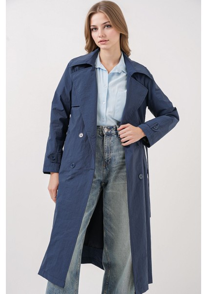 Kadın BDART Cepli Çift Düğmeli Uzun Trençkot Lacivert