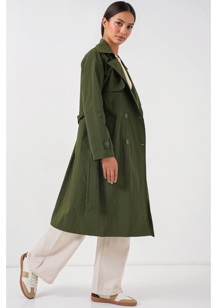 Kadın BDART Cepli Çift Düğmeli Uzun Trençkot Haki Yeşil
