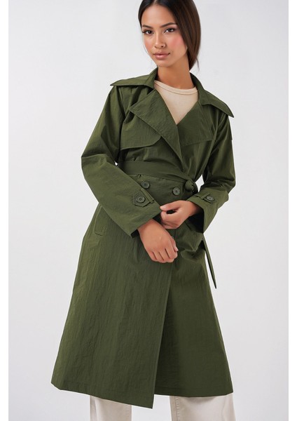 Kadın BDART Cepli Çift Düğmeli Uzun Trençkot Haki Yeşil
