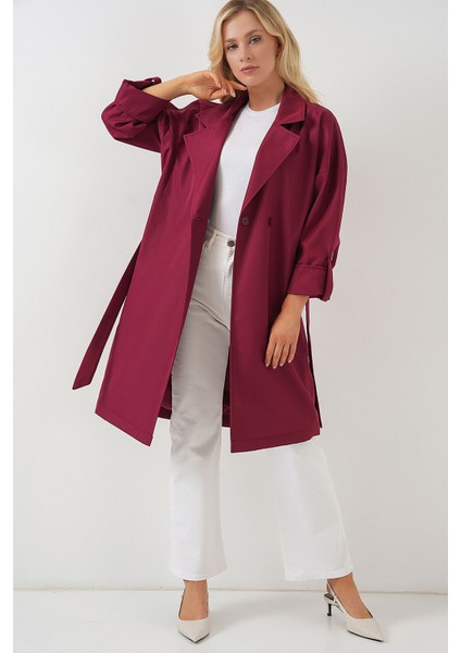 Kadın BDART Desenli Polyester Trençkot, Şal Yaka Bordo Kırmızı
