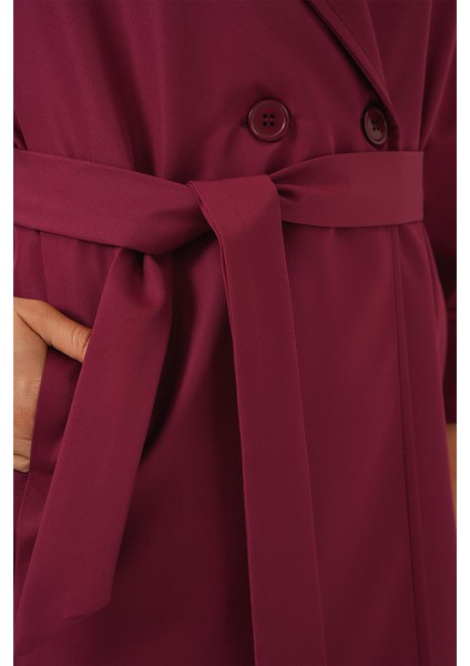 Kadın BDART Desenli Polyester Trençkot, Şal Yaka Bordo Kırmızı