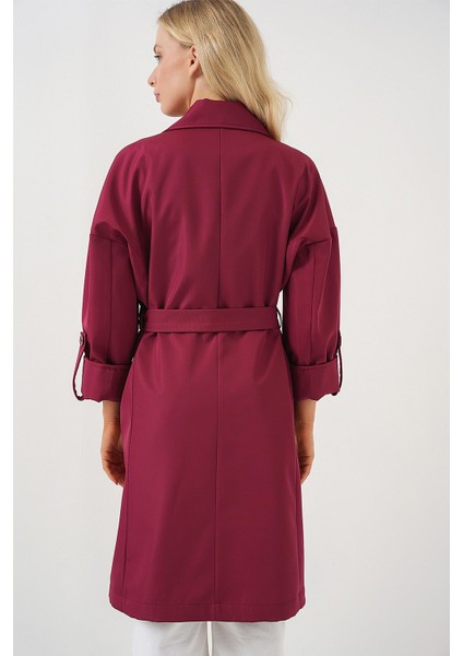 Kadın BDART Desenli Polyester Trençkot, Şal Yaka Bordo Kırmızı