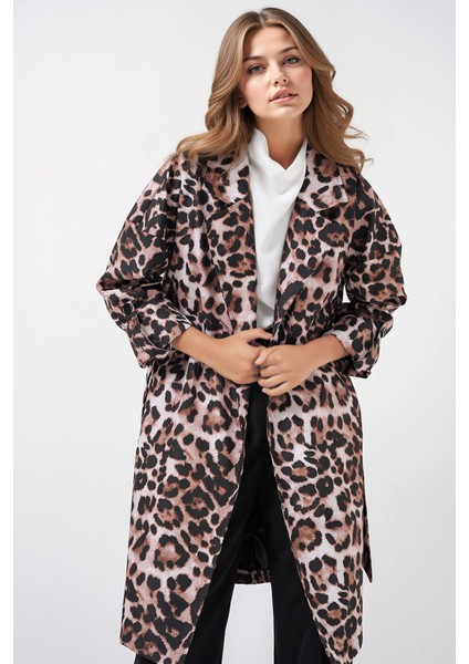 Kadın BDART Desenli Polyester Trençkot, Şal Yaka Brown