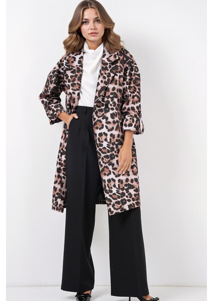Kadın BDART Desenli Polyester Trençkot, Şal Yaka Brown