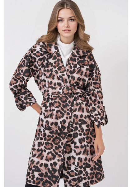 Kadın BDART Desenli Polyester Trençkot, Şal Yaka Brown