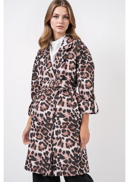 Kadın BDART Desenli Polyester Trençkot, Şal Yaka Brown