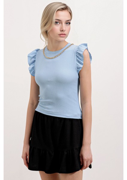 Kadın BDART Nakışlı Dokulu Yuvarlak Yakalı Bluz Maya Mavisi fırsatları