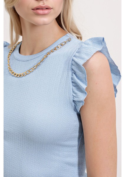 Kadın BDART Nakışlı Dokulu Yuvarlak Yakalı Bluz Maya Mavisi