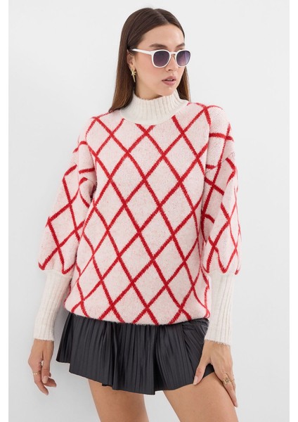 Kadın BDART Geometrik Desenli Oversize Yaka Kazağı Red