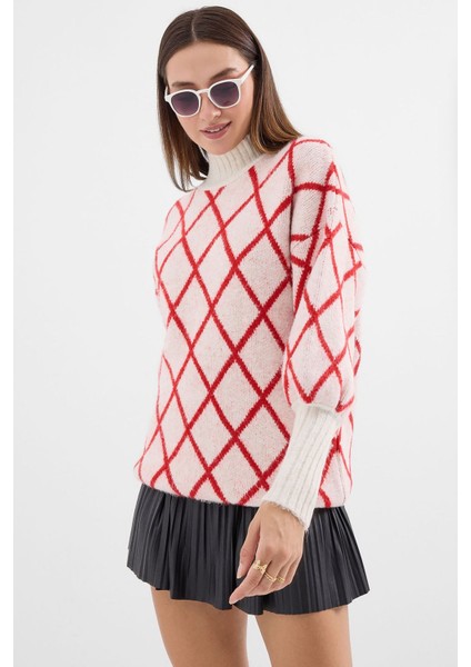 Kadın BDART Geometrik Desenli Oversize Yaka Kazağı Red