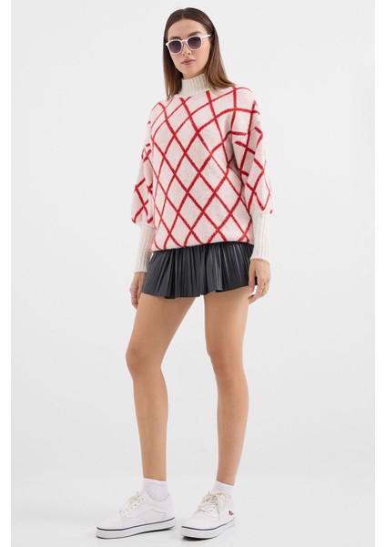 Kadın BDART Geometrik Desenli Oversize Yaka Kazağı Red