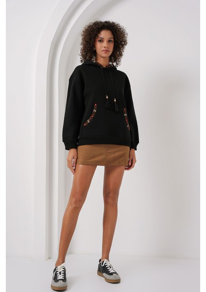 Kadın BDART Ponponlu Kapüşonlu Oversized Sweatshirt Black