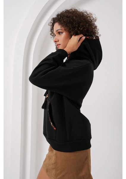 Kadın BDART Ponponlu Kapüşonlu Oversized Sweatshirt Black
